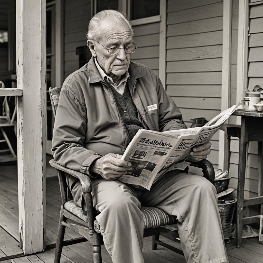 Elderly Man Reading Newspaper on Porch