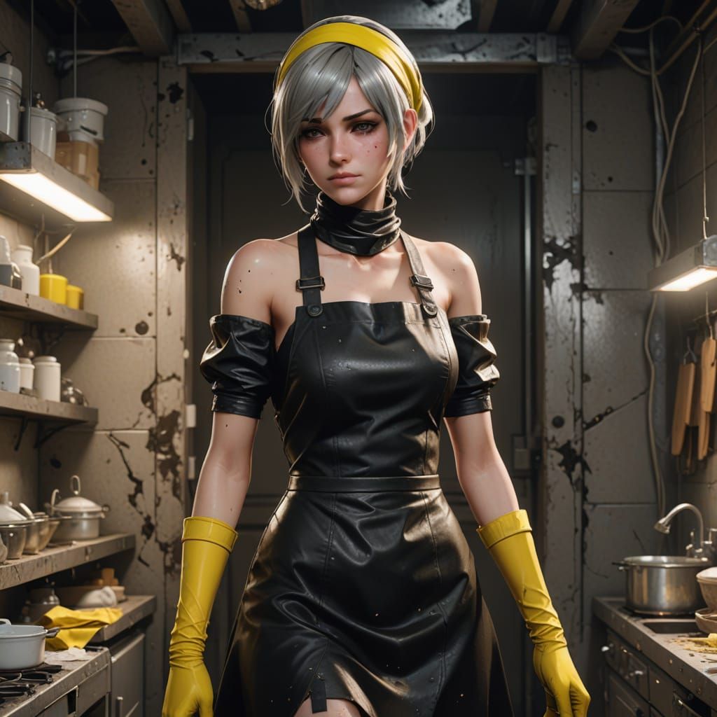 Tired 2B as Young Charwoman in Cleaning Closet