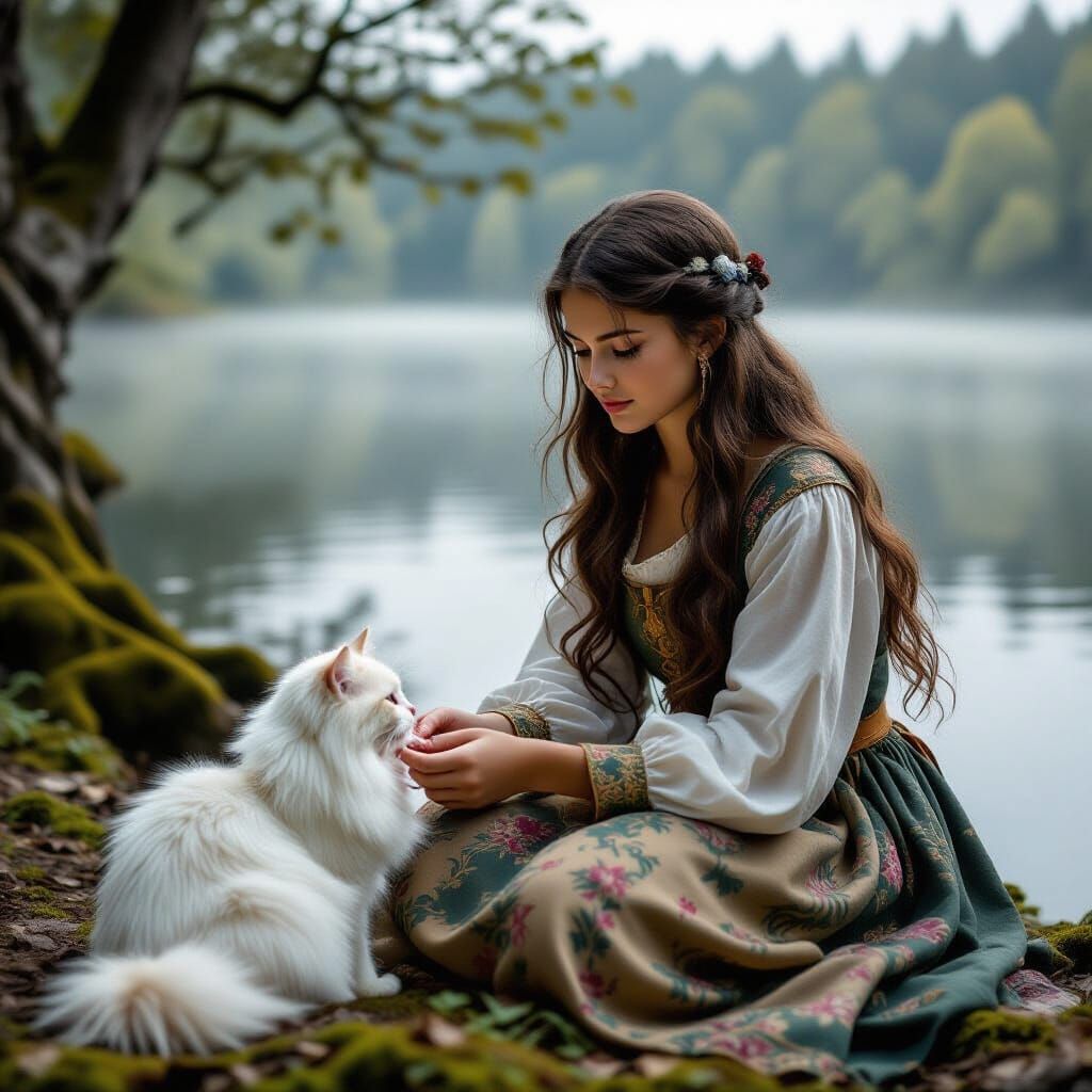 Medieval Girl with Cat in Magical Forest Setting
