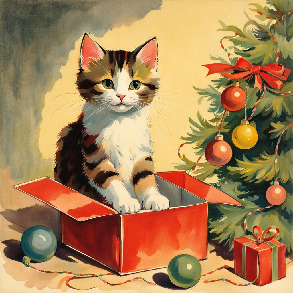 Happy Kitten Opens Empty Present, Potter Illustration
