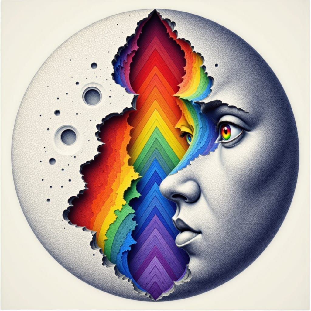 Escher Style Cracked Moon Portrait with Rainbow Arches