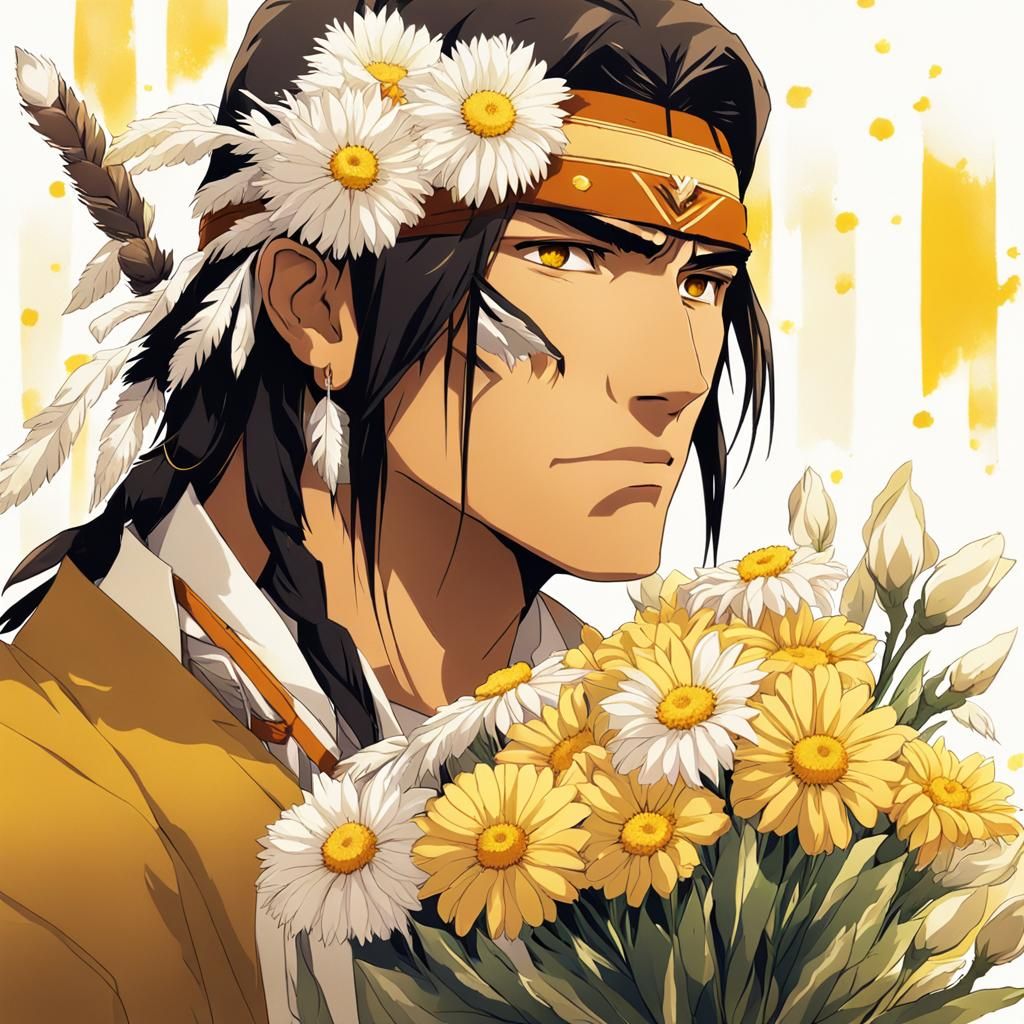 Contemplative Native American Man in Anime Style