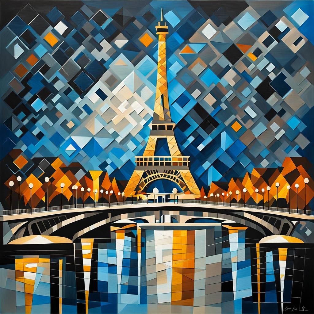 Eiffel Tower at Night: Abstract Geometric Painting
