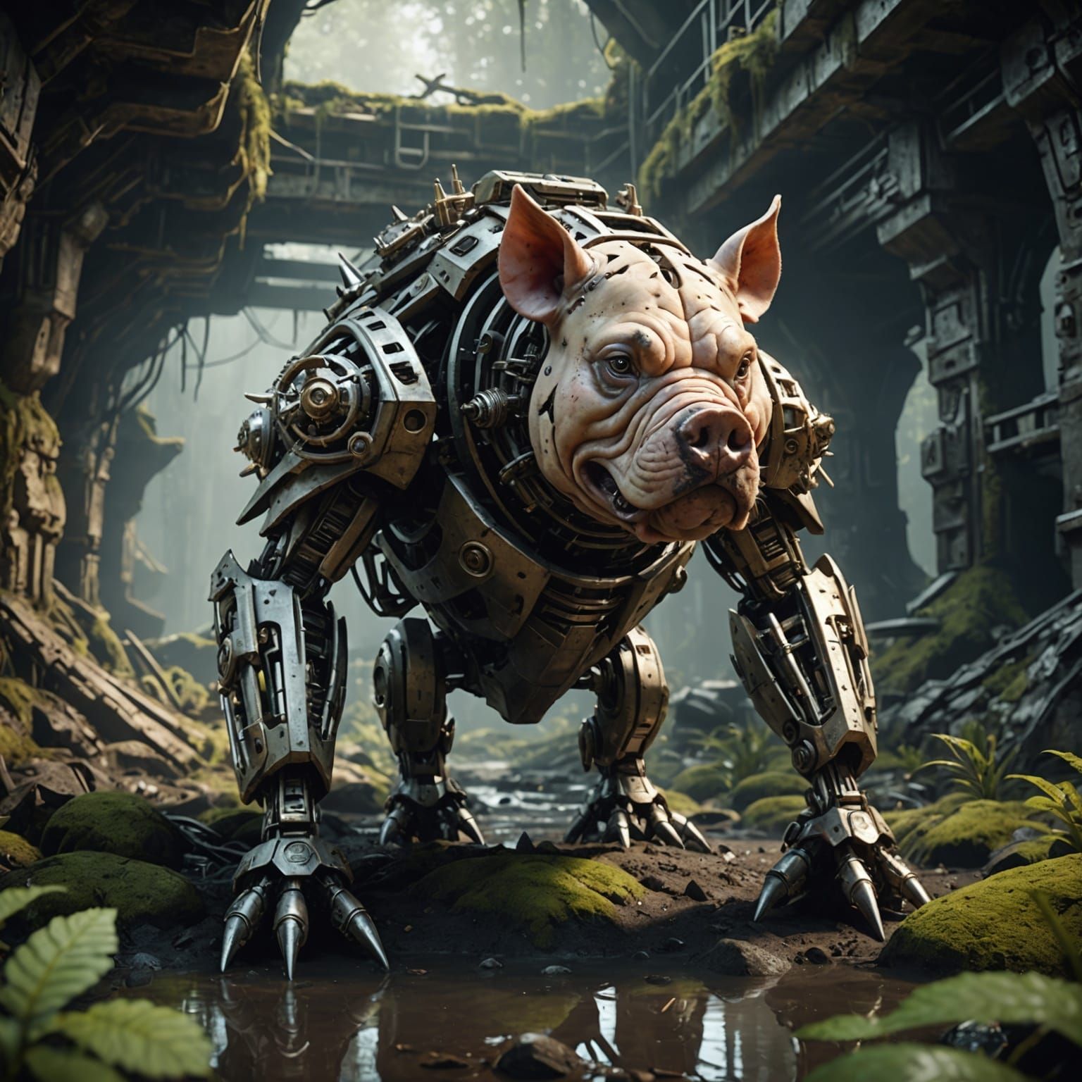 Futuristic Pig-like Creature in Swampy Cave, Sci-Fi Render