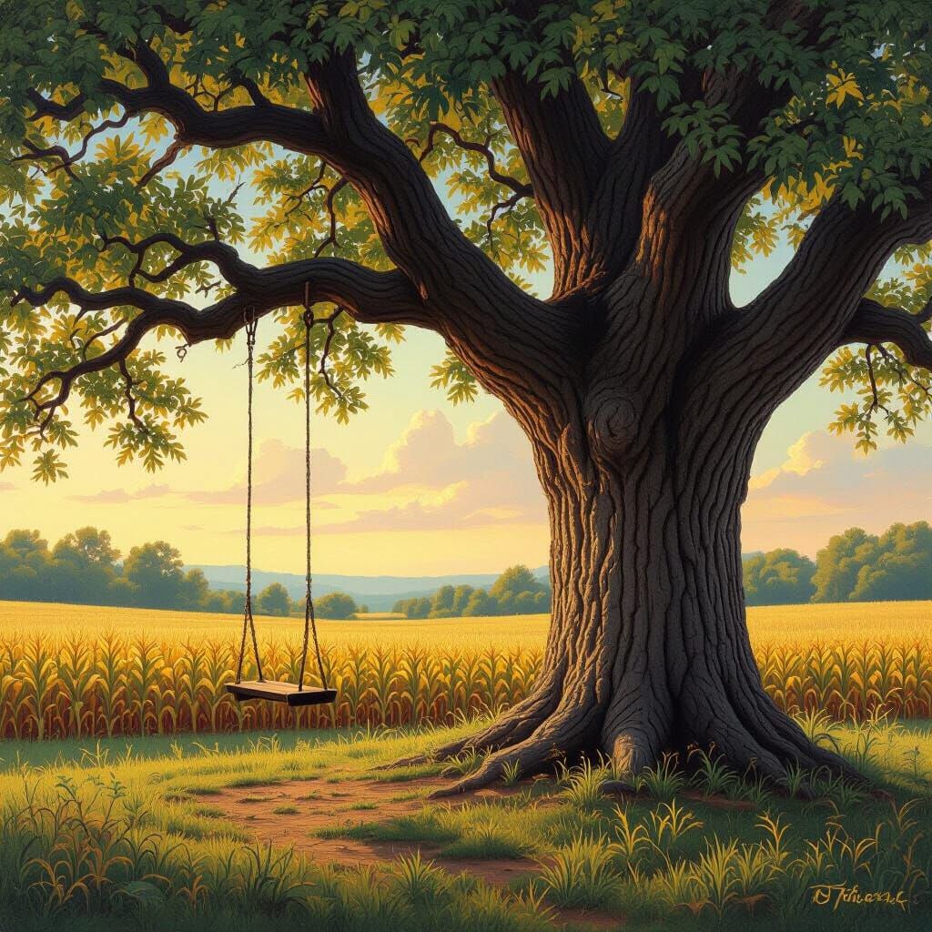 Ancient Oak Tree with Swing in Pastoral Landscape