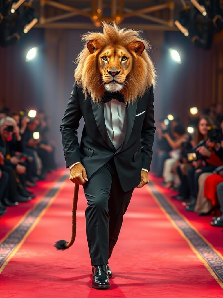 A Regal Lion in Dapper Tuxedo Posing on Red Carpet
