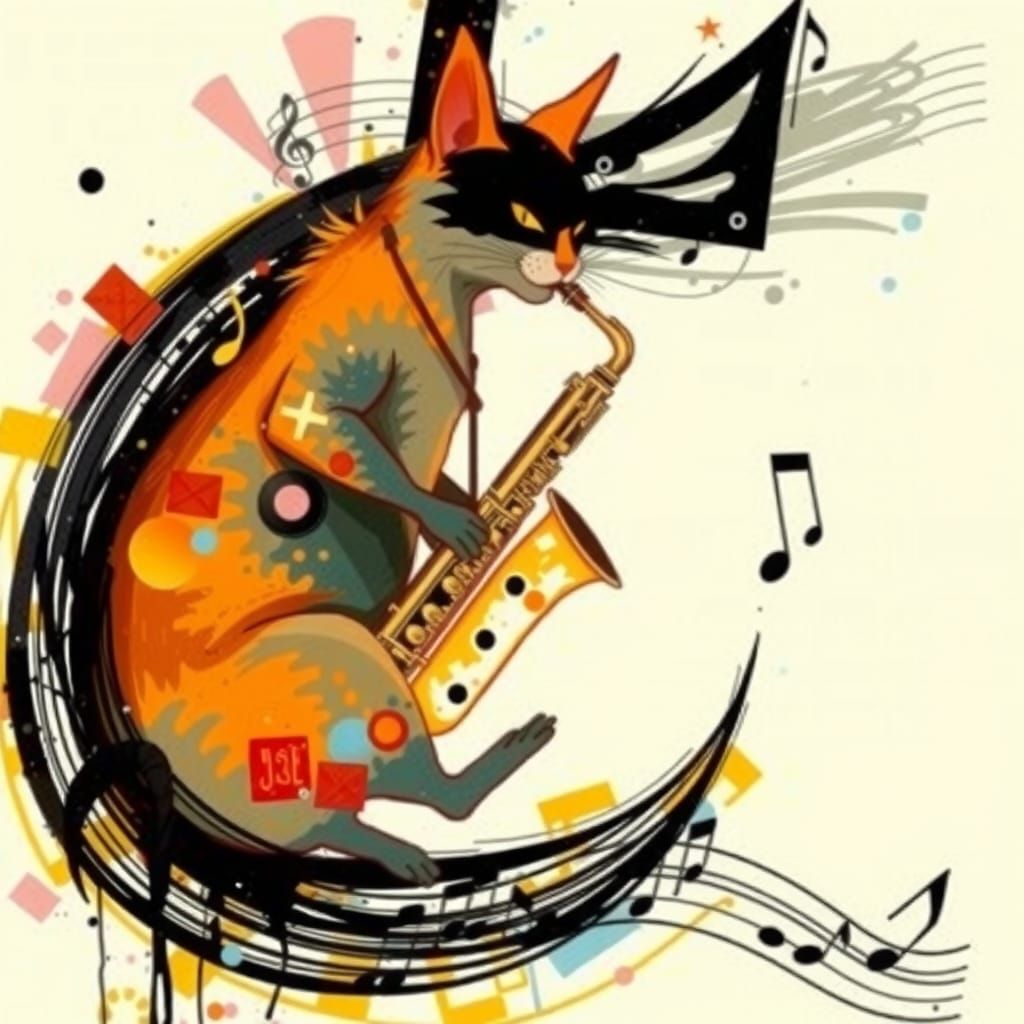 Abstract image of a cat playing the saxophone
