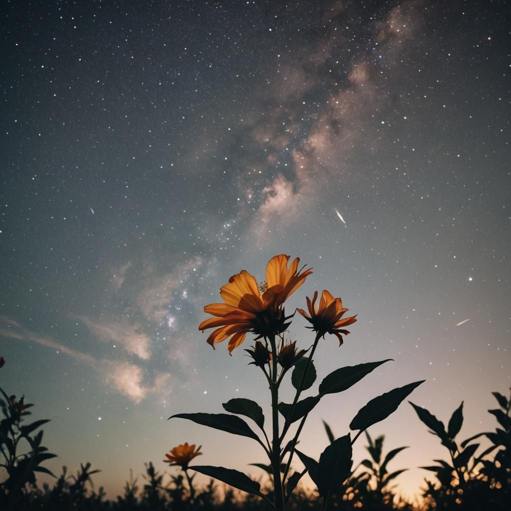 Glowing Flower in Night Sky: Cinematic Film Still