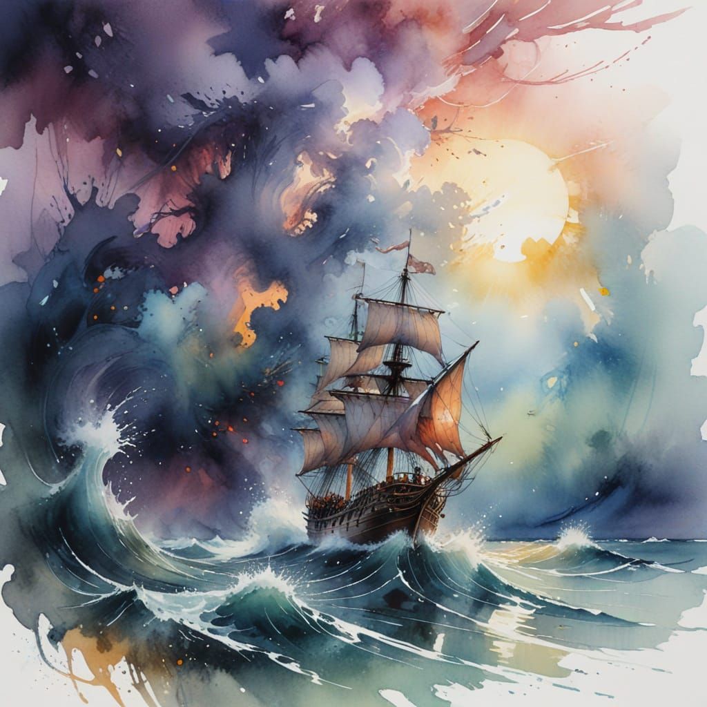 Ethereal Pirate Ship Rides Twilight Waves