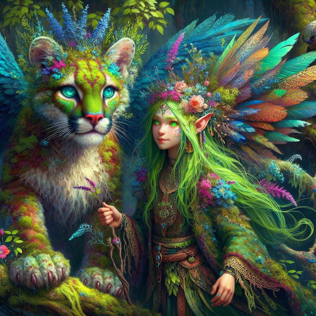 Moss-Covered Dryad with Mythical Winged Cougar Cub
