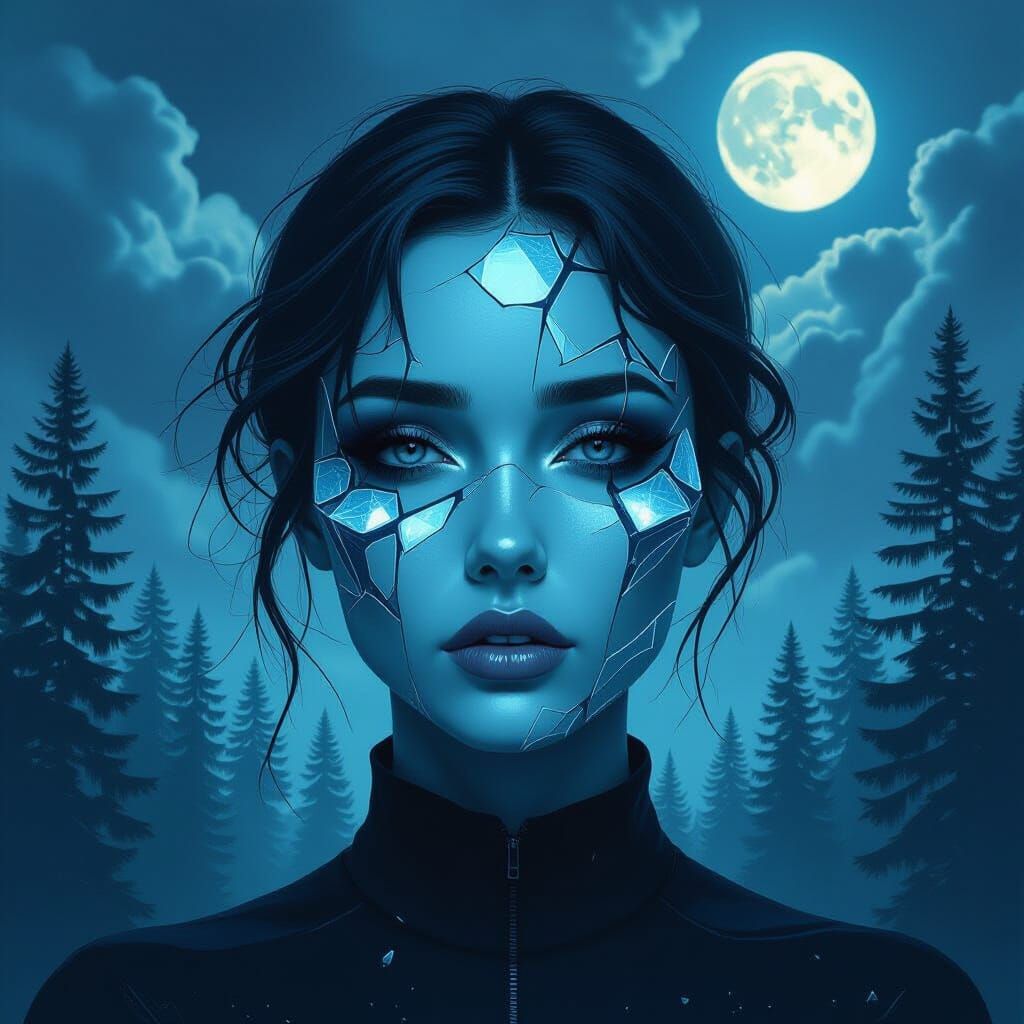 Surreal Crystalline Portrait in Stormy Forest