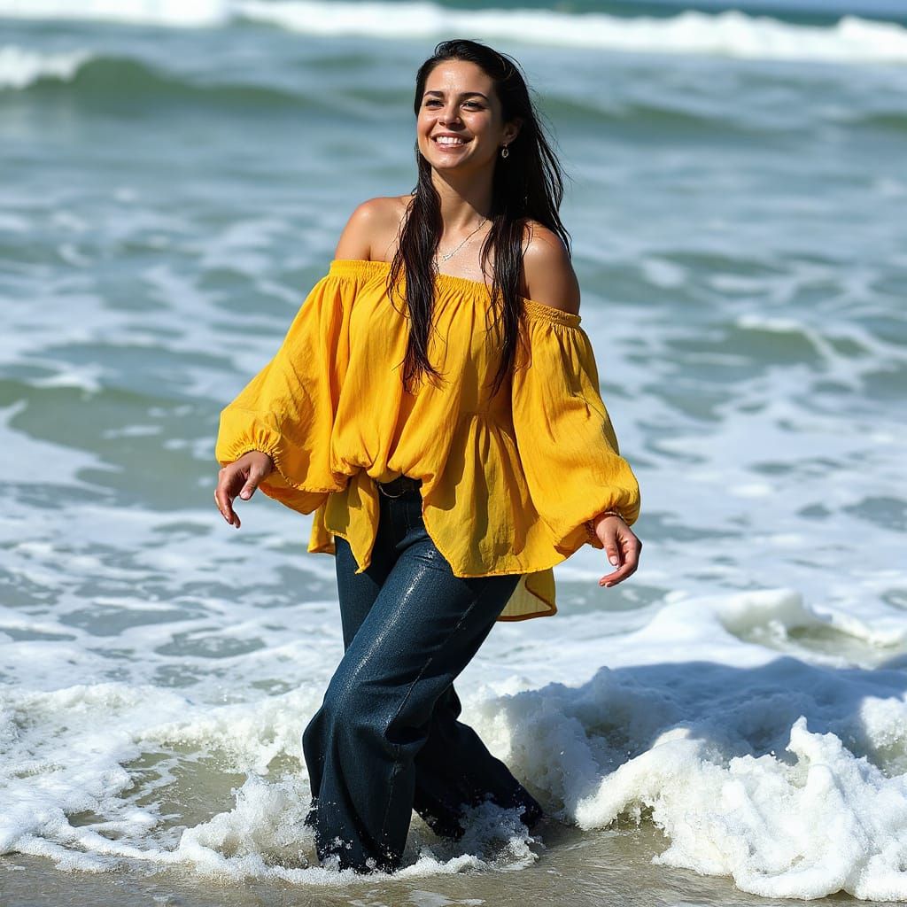 Woman Wades in Surf on Sunny Afternoon