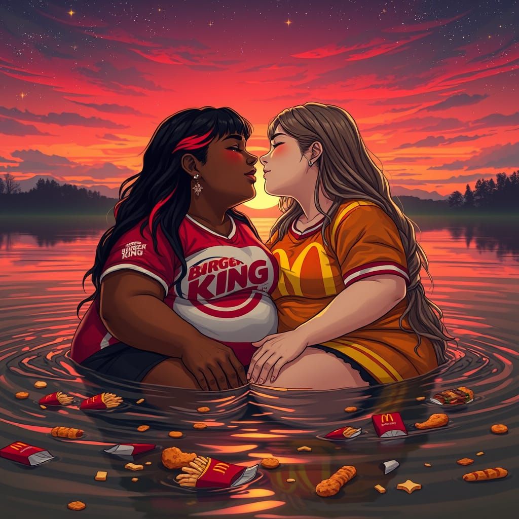 Morbidly Obese Women Bask in Sunset Glow Amidst Polluted Lak...