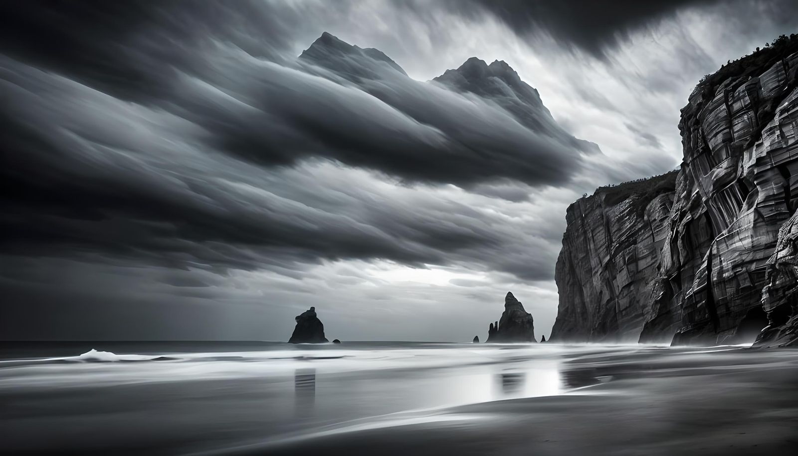 Stormy Beach at Night: Black and White Photography