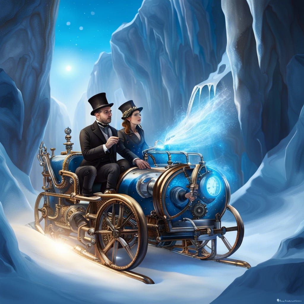 Elegant couple Steampunk Victorian man and woman riding in detailed steampunk power sleigh on snow in the distance a hug...