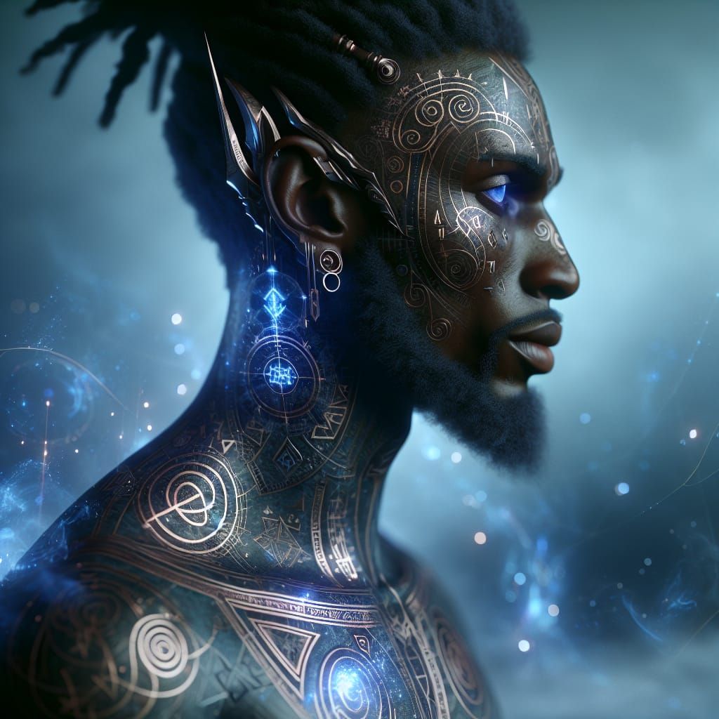 Mystical Warrior with Glowing Runes in Afrofuturist Style