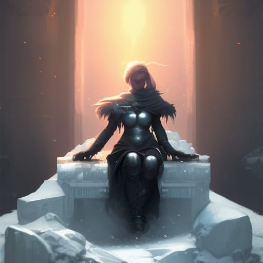 Armored Woman on Ice Tomb, Dark Fantasy Art