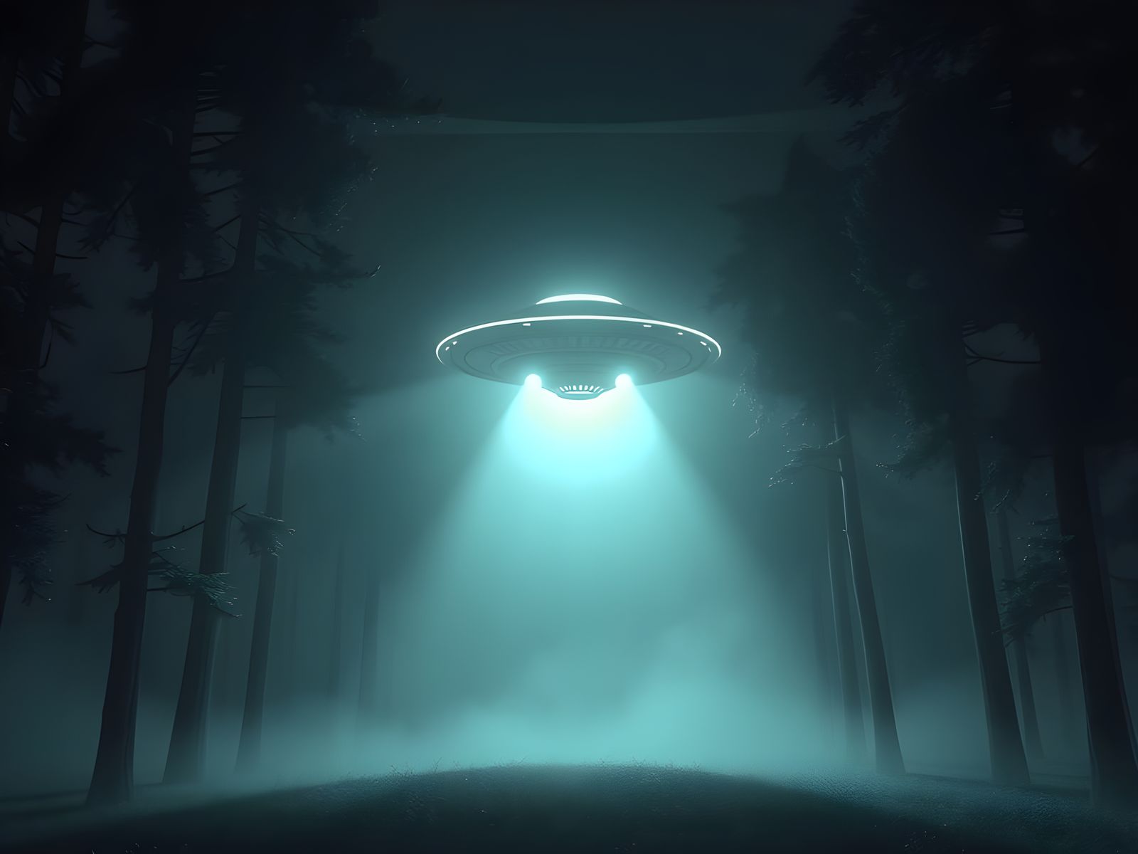 UFO Lands in Foggy Forest at Night