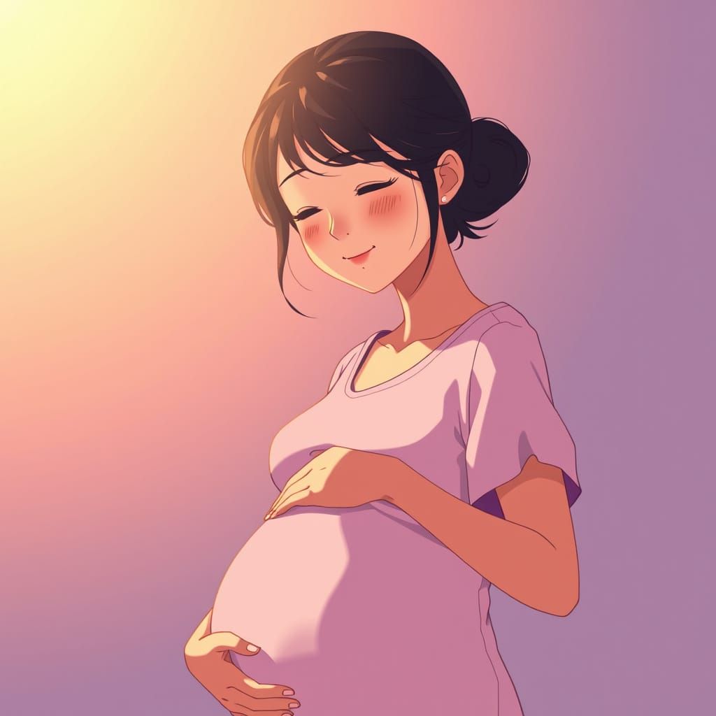 Serene Anime-Inspired Pregnant Woman in Warm Light