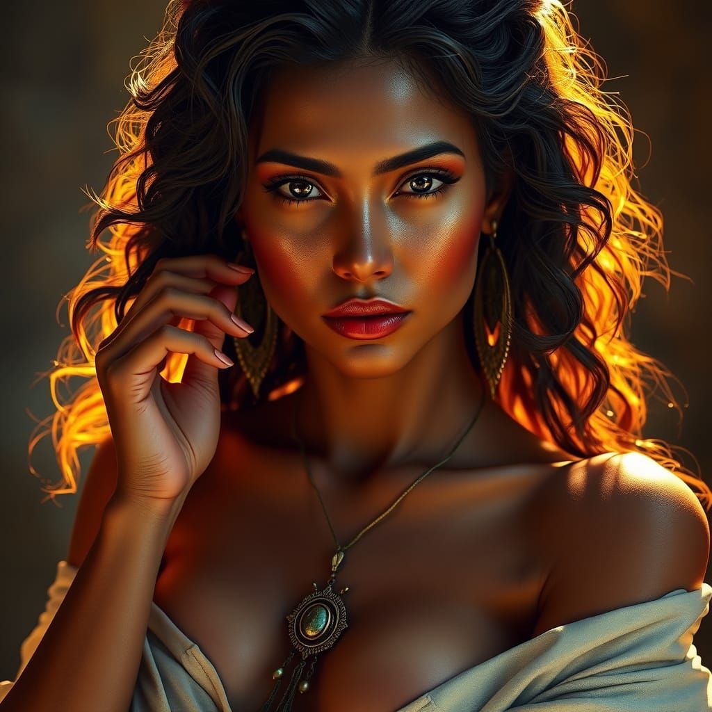 Sensual Priestess with Sun-Kissed Skin, Fantastical Realism