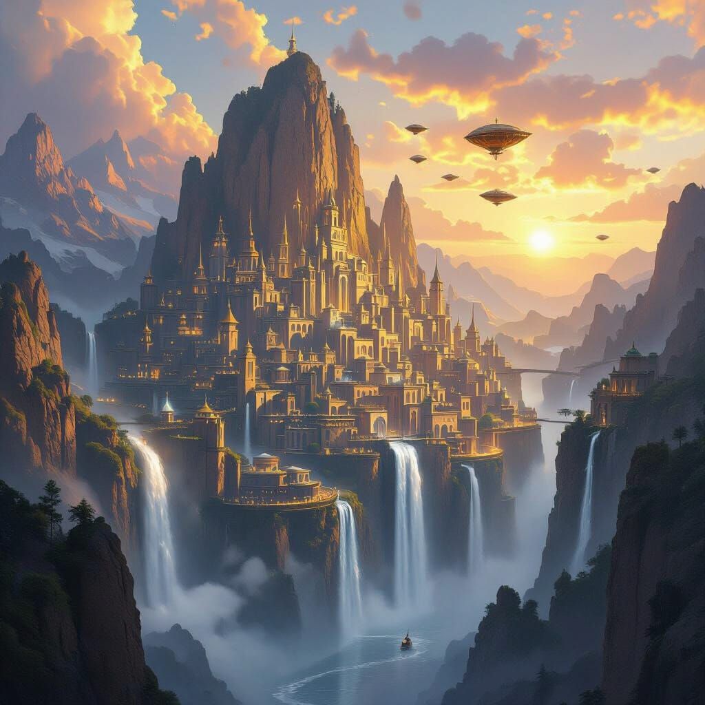 Fantasy City Carved into Cliff with Waterfalls and Airships