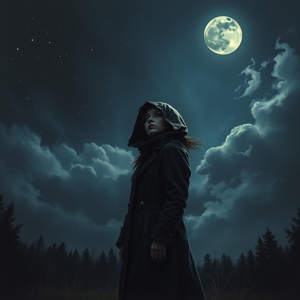 Eerie Night Sky with Forlorn Woman