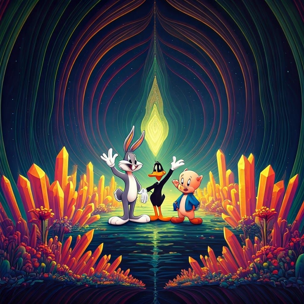 Vibrant Looney Tunes Characters in Cosmic Alien Landscape
