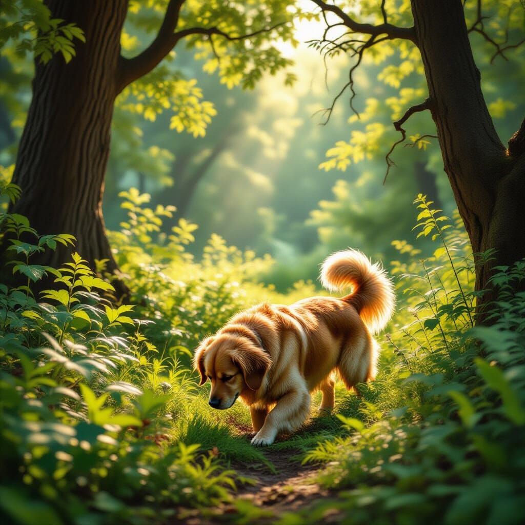 Golden Retriever Explores Enchanted Forest