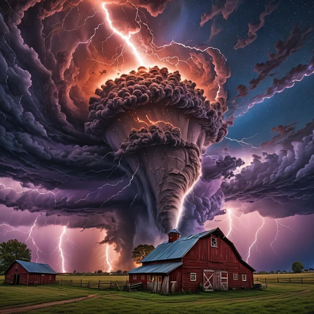 Cosmic Tornado Strikes Near Rustic Barn, Digital Art