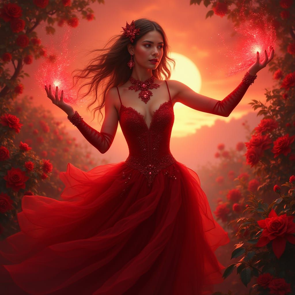 Enchantress Amidst Red Roses in Sunset Glow