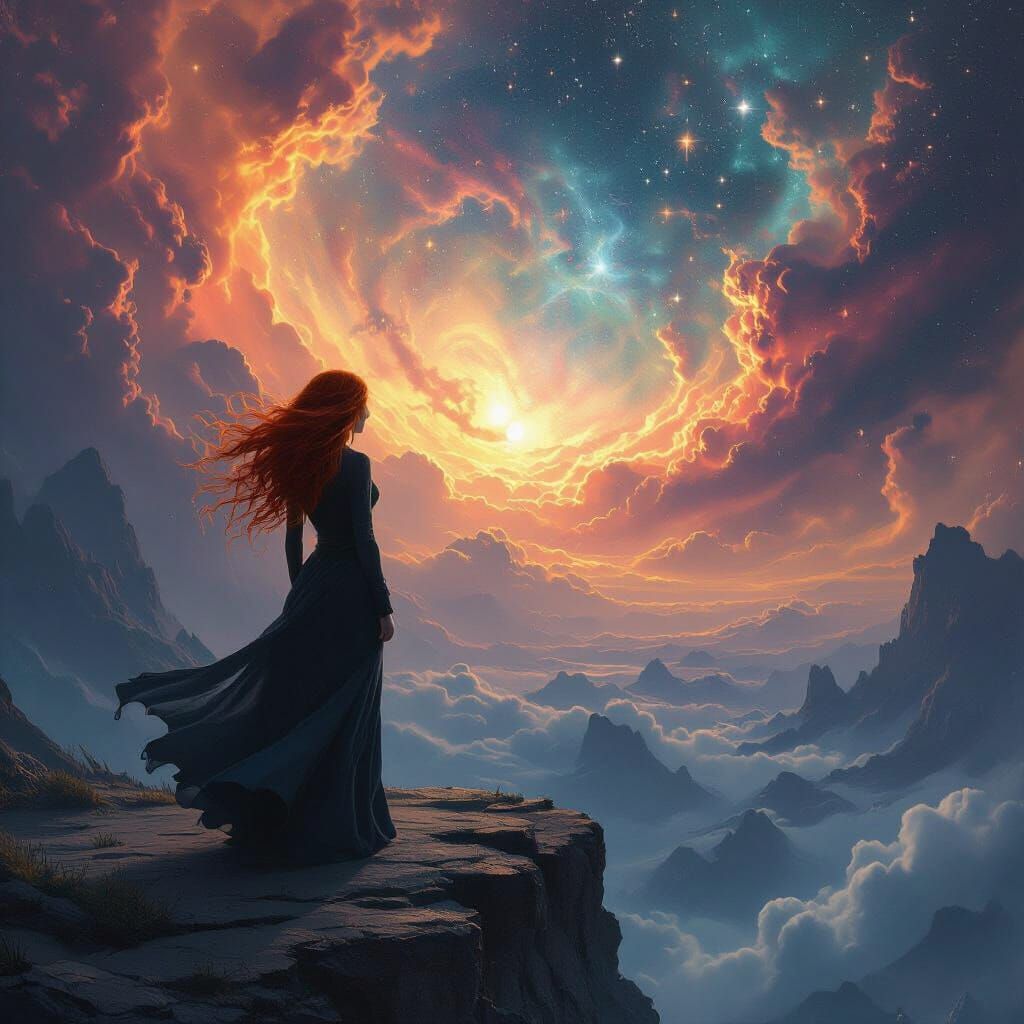Redhead Woman Overlooking Cosmic Void in Dark Fantasy Style