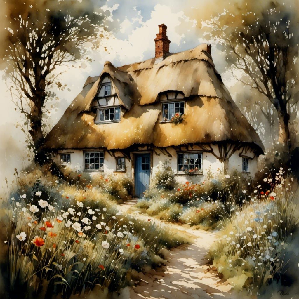 Idyllic Thatched Roof House with Spring Garden