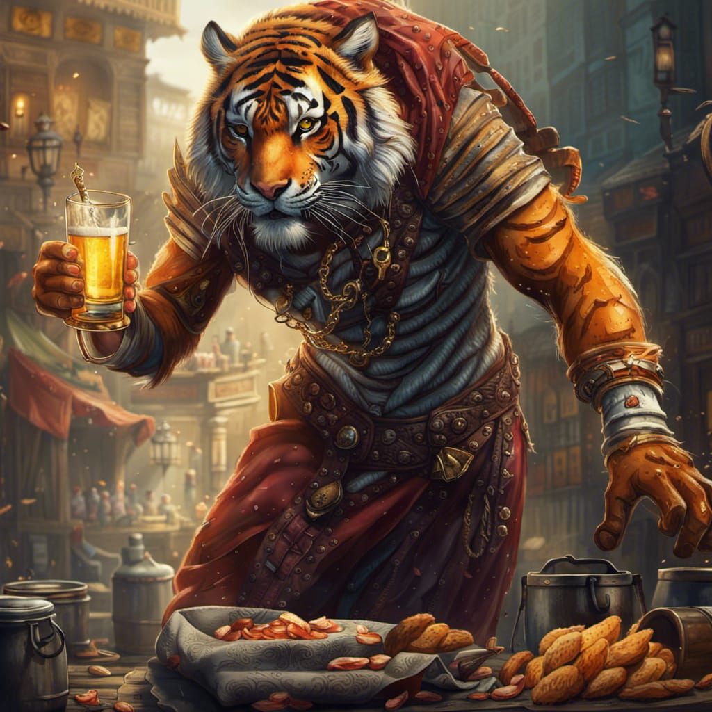 Tiger Shifter Thief Drinking Beer, Fantasy Art