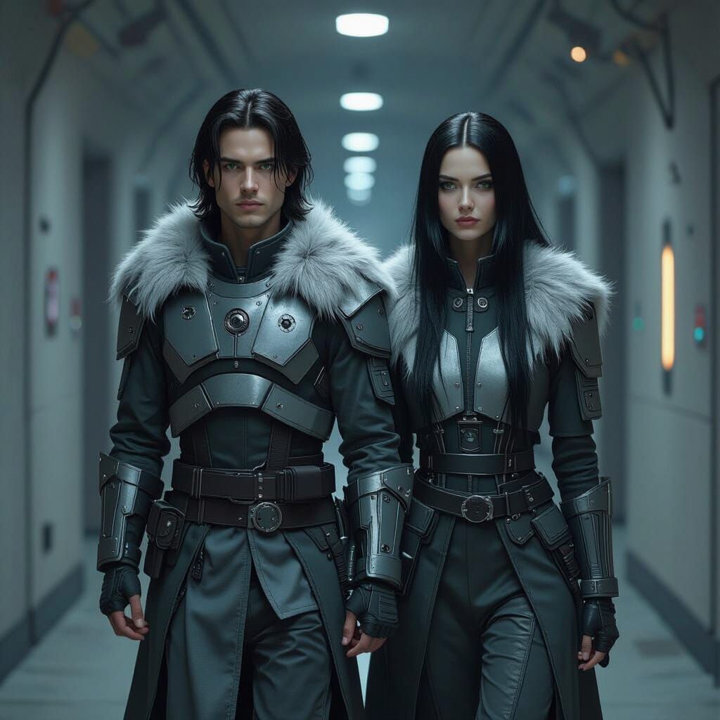Couple in Futuristic Corridor, Dystopian Noir Style