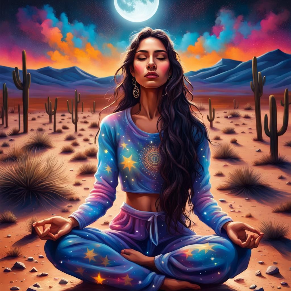 Latina Woman Meditating in Desert Graffiti Art