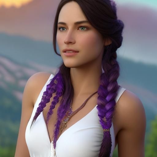 Watercolor Girl with Braids in Mountain Landscape