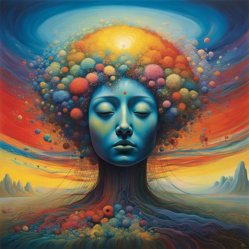 Vibrant Colors Bursting from Serene Figure's Head