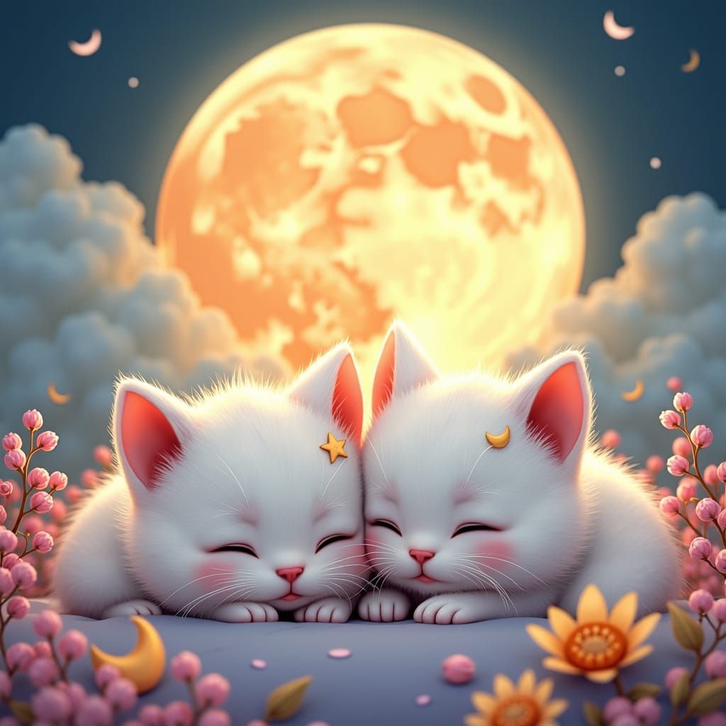 Dreamy Kawaii Kittens Under the Moon