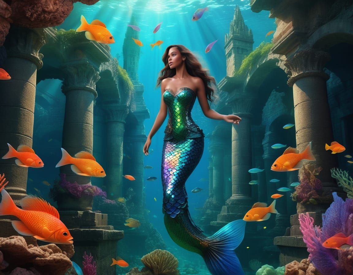Hyperrealistic Mermaid in Vibrant Atlantis City