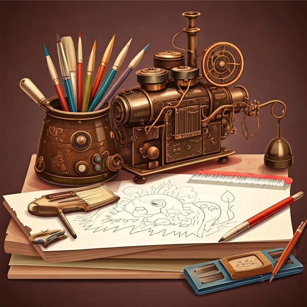 Child's Steampunk Drawing with Art Supplies