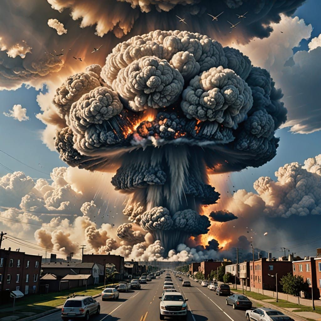 Apocalyptic Urban Landscape with Atomic Mushroom Clouds
