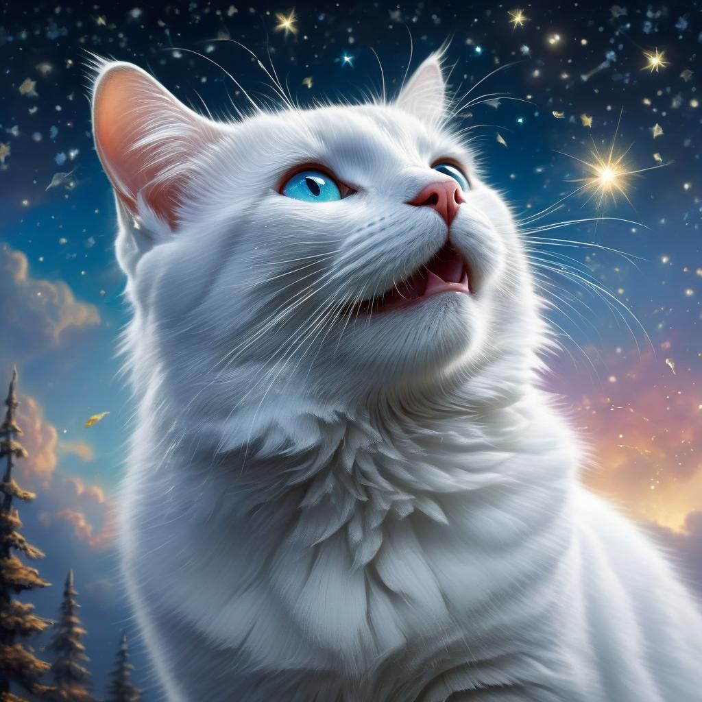 White Cat Gazing at Starry Night Sky
