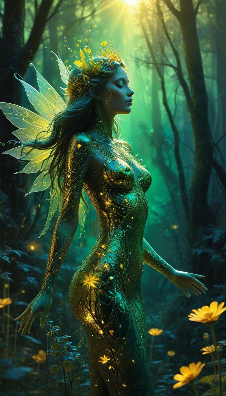 Surreal Green Fairy in Vibrant Sunrise Landscape