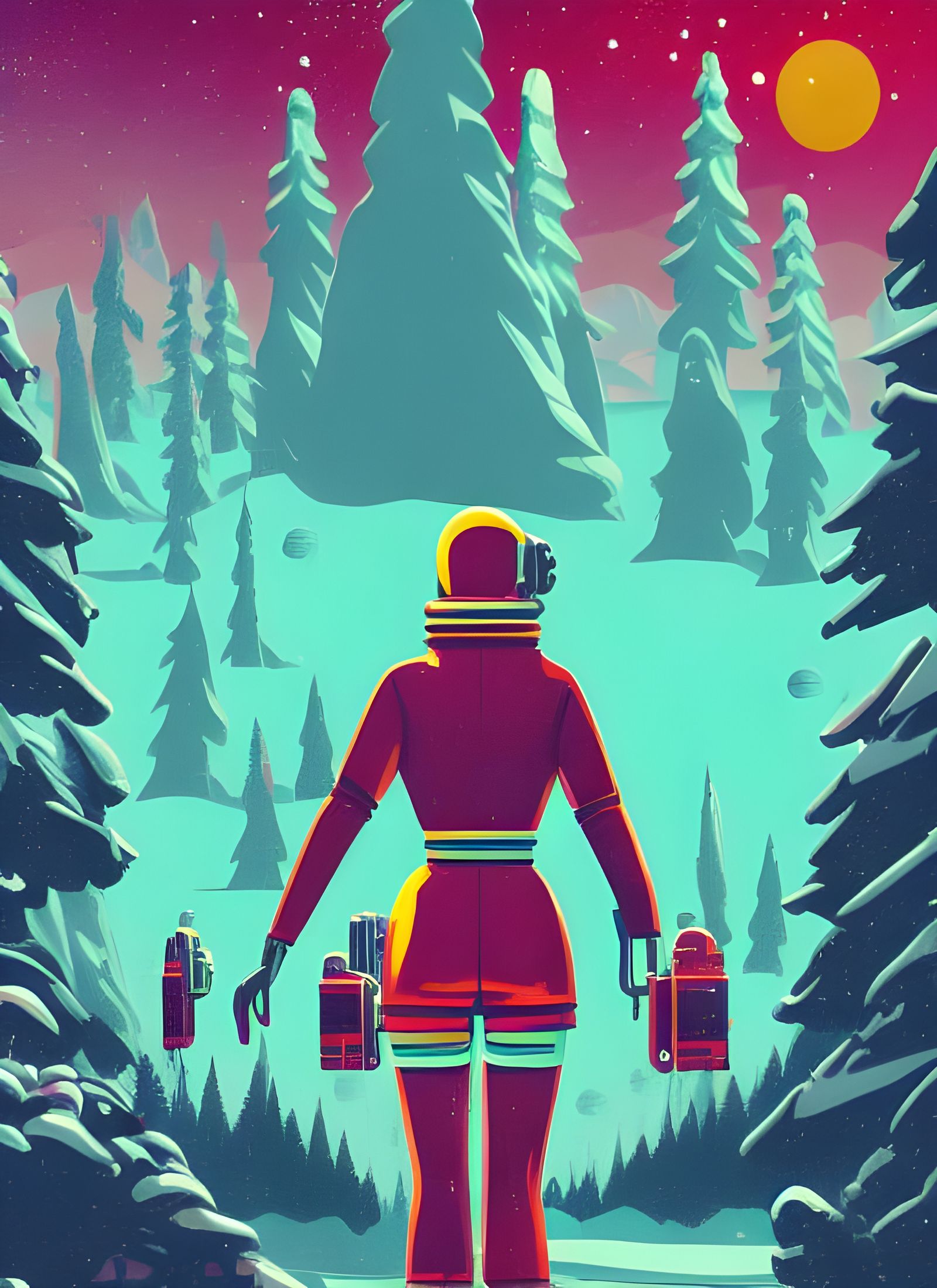 Retro Tourism Poster: Spacewalker in Alien Forest