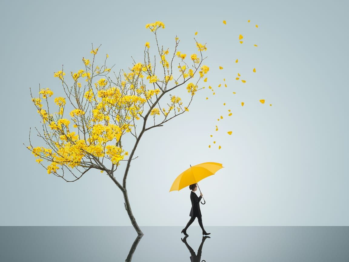 Surreal Scene with Yellow Flowers and Figure