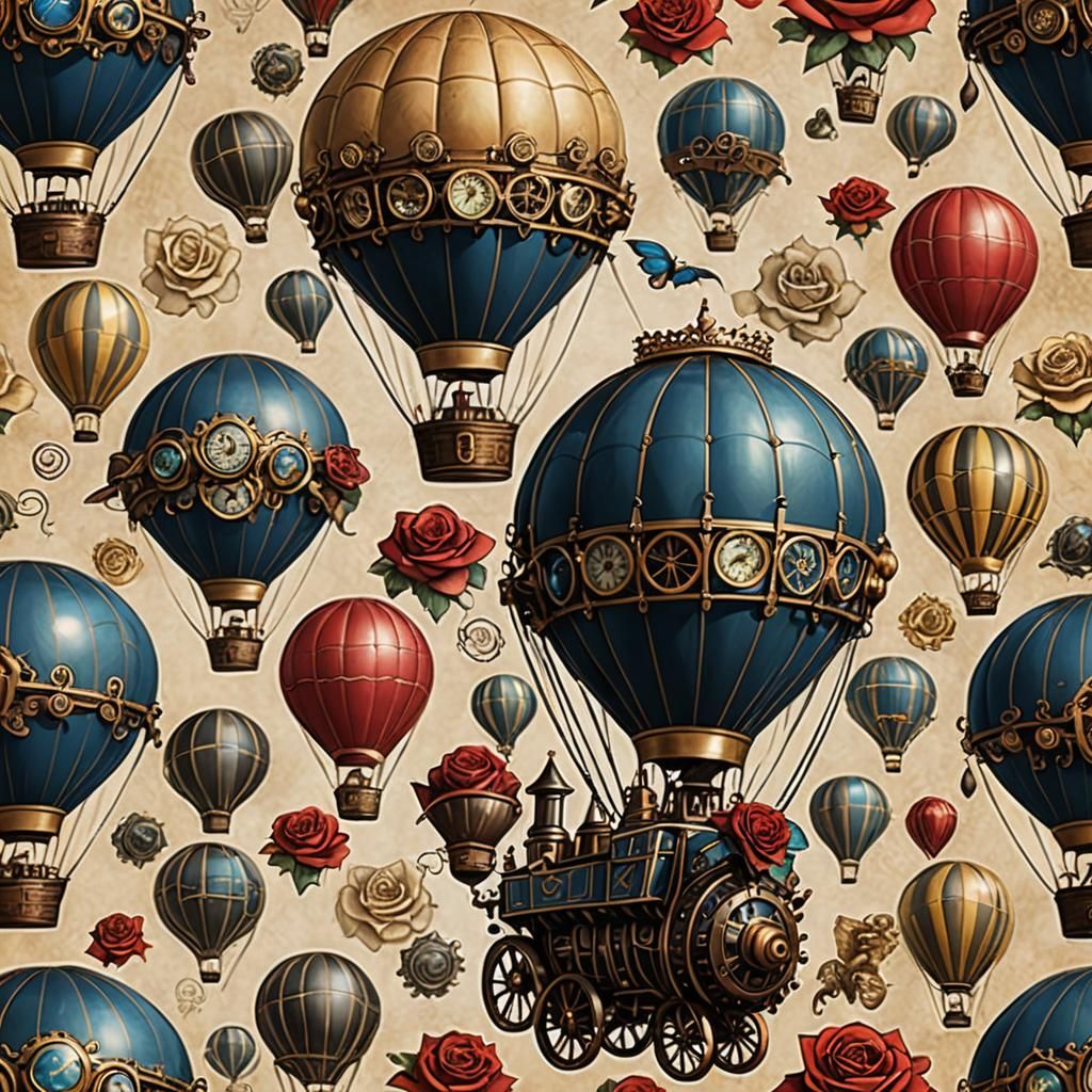 Whimsical Hot Air Balloons with Steampunk Engine