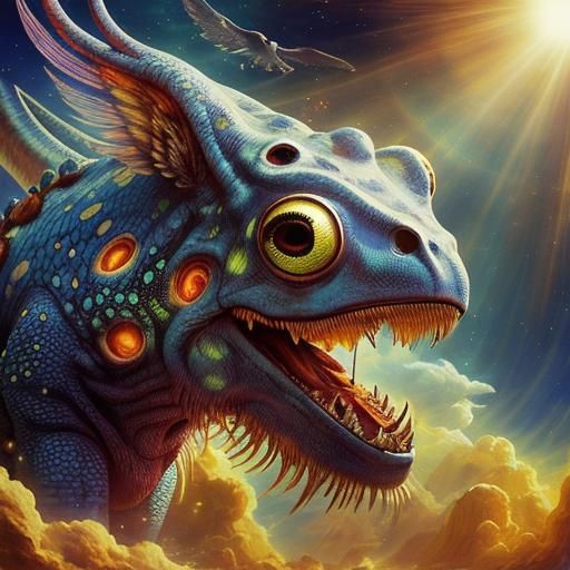 Surreal Prehistoric Monk with Fruity Aura and Rain of Frogs