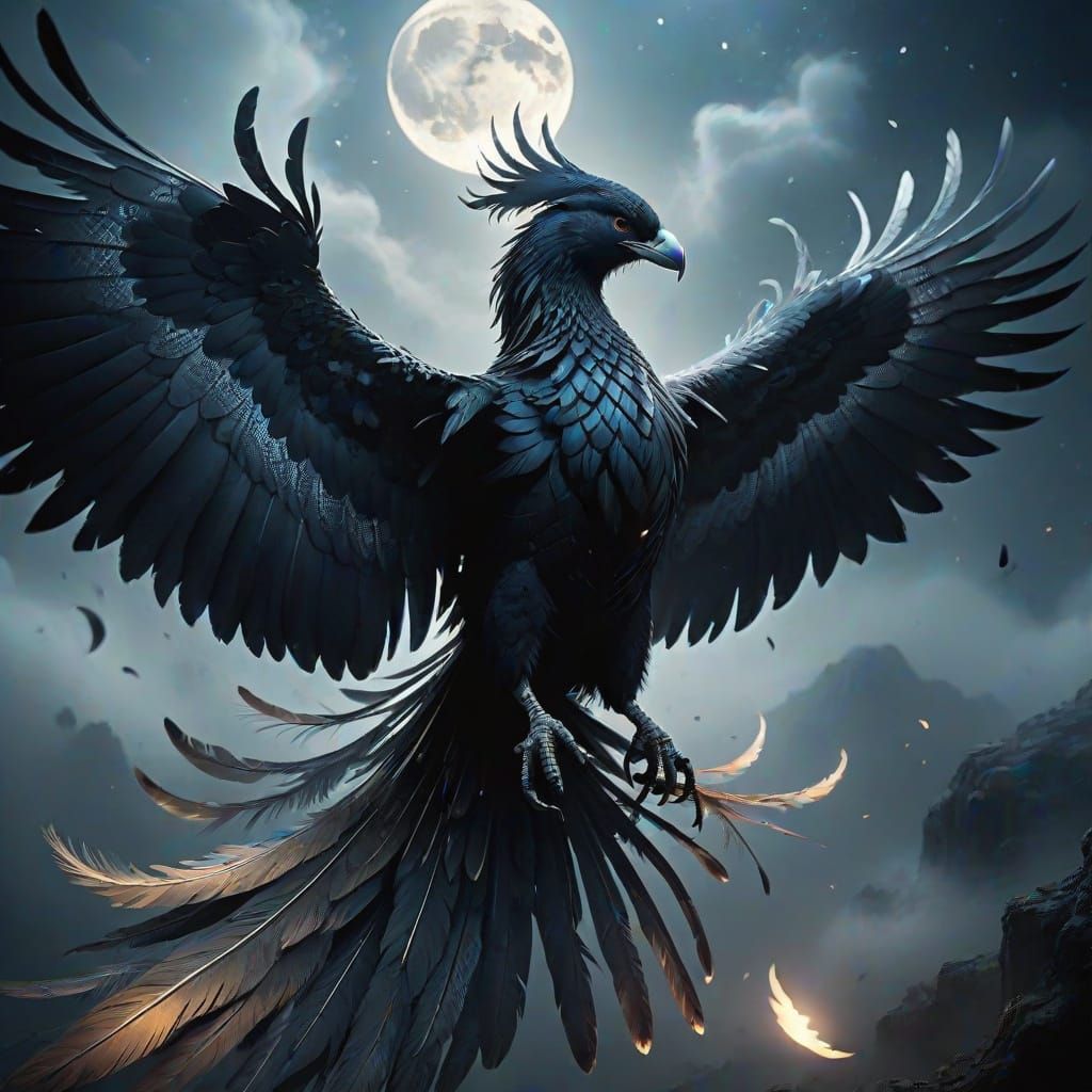 Cinematic Phoenix Illuminates Mystical Moonlit Landscape
