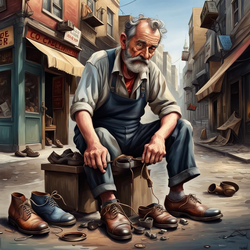 Cobbler Repairing Shoes on City Street