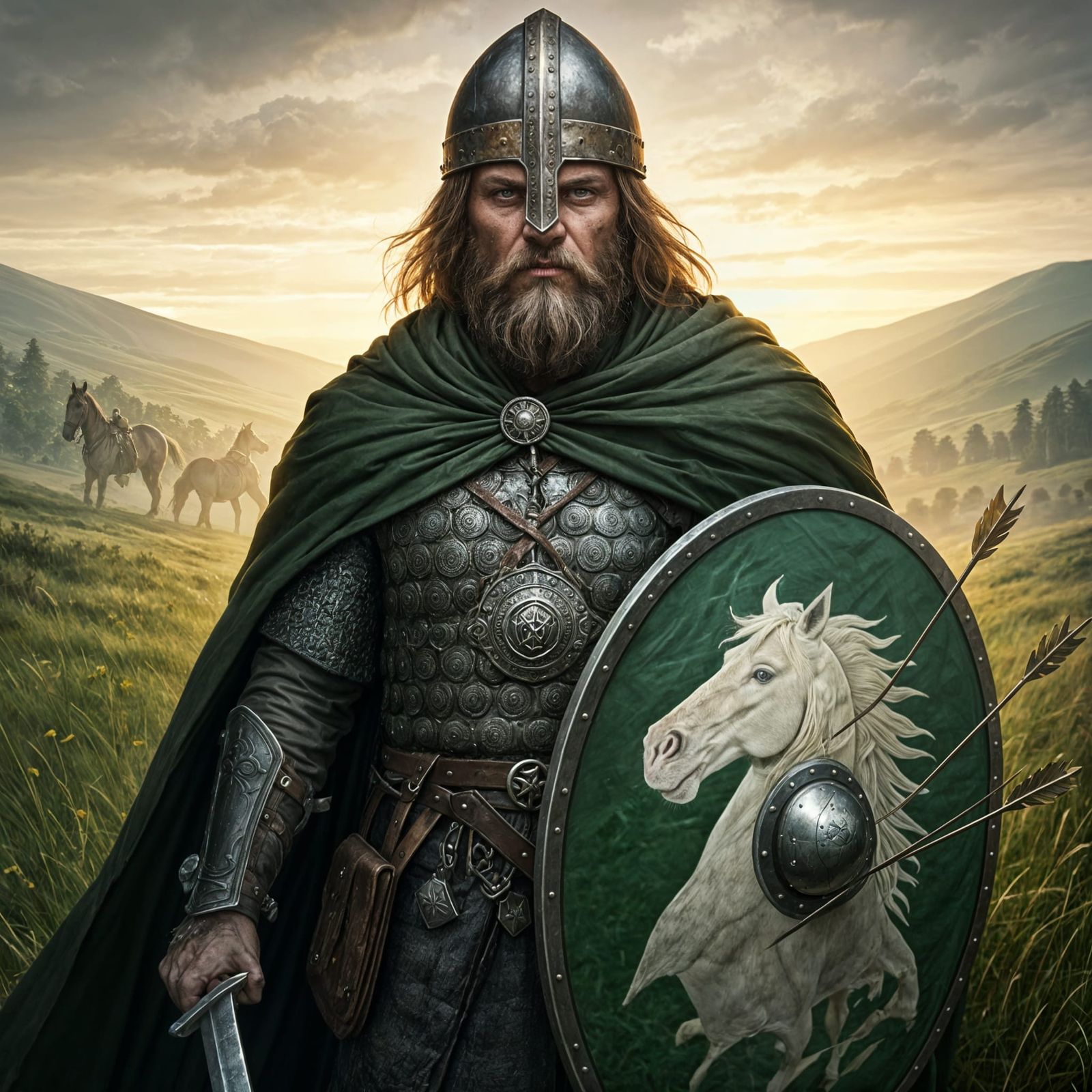 Fierce Medieval Warrior of Rohan in Grassy Hills